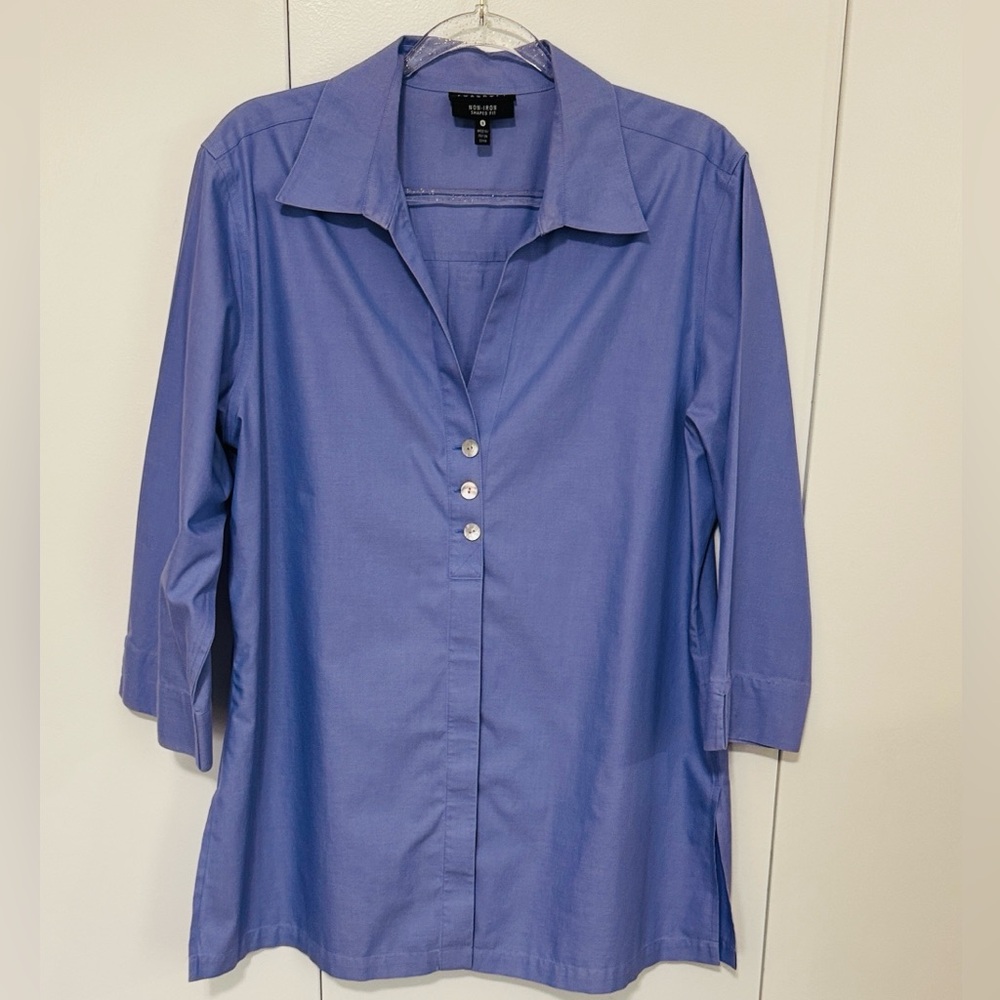Foxcroft Periwinkle blue Button-Down Shirt with Three Faux Buttons